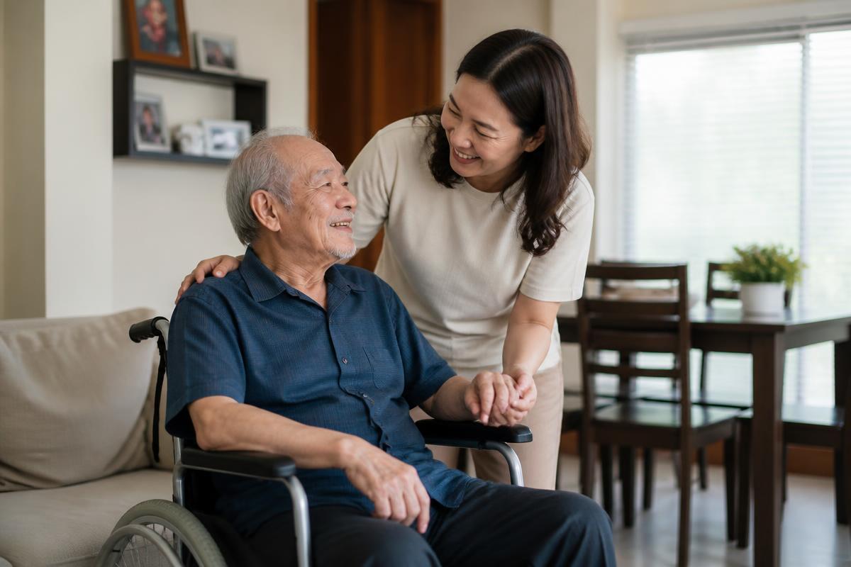 An elderly person in a wheelchair with a caring family member at home