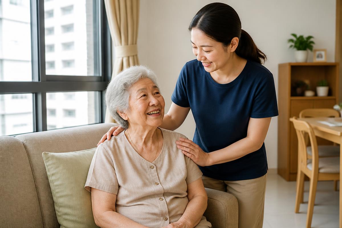 An elderly person receiving warm care from a family caregiver at home